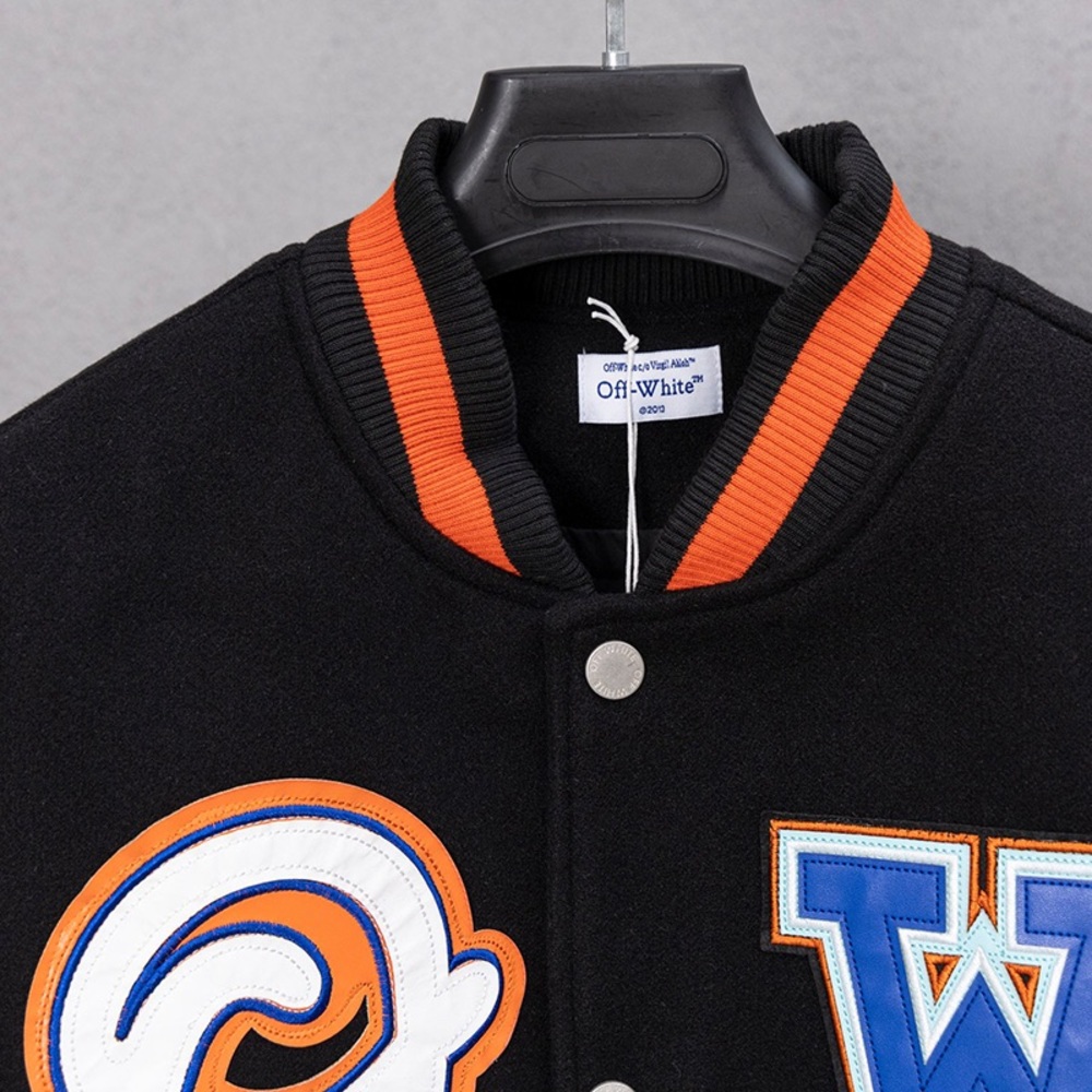 Off-White Patchwork Embroidered Logo Baseball Jac… - image 3
